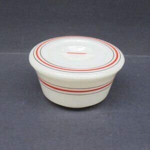 Hazel Atlas White with Red and Black Striped 5 Inch REFRIGERATOR Dish with Lid